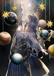  absurdres arknights arm_up astesia_(arknights) blue_eyes blue_hair celestial_globe dress feathers female floral_print highres long_dress long_hair looking_up planet profile sky solo star_(sky) starry_sky tadatsu 