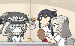  3girls abyssal_ship alternate_costume black_hair cake castella_(food) colored_skin commentary_request dated food glass green_eyes grey_hair hair_tie hamu_koutarou headgear highres kantai_collection kinugasa_(kancolle) kinugasa_kai_ni_(kancolle) long_hair medium_hair multiple_girls one_side_up pale_skin ponytail reading red_eyes shirt sidelocks t-shirt table teeth tentacle tray white_shirt white_skin wo-class_aircraft_carrier yahagi_(kancolle) 