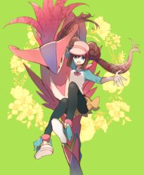  :d alternate_color bad_id bad_pixiv_id black_pantyhose blue_eyes blue_footwear brown_hair cyawa double_bun female floral_background green_background hair_bun hat long_sleeves open_mouth pantyhose pokemon pokemon_(creature) pokemon_bw2 raglan_sleeves rosa_(pokemon) shiny_pokemon shirt shoes skirt smile twintails virizion yellow_skirt 