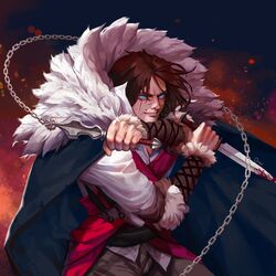  1boy absurdres blood blood_on_face blood_on_knife blood_on_weapon blue_eyes brown_hair cape castlevania_(netflix) castlevania_(series) chain_whip clenched_teeth commentary dagger dual_wielding embers english_commentary fur_collar highres holding holding_dagger holding_knife holding_weapon knife looking_at_viewer male_focus ori_dal signature solo teeth trevor_c._belmont weapon 