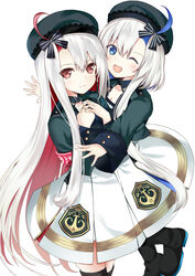  2girls ahoge armband azur_lane beret blue_eyes commentary_request hat highres hug irohasu_(mmgn7434) libeccio_(azur_lane) long_hair maestrale_(azur_lane) multicolored_hair multiple_girls one_eye_closed red_eyes shoes siblings simple_background two-tone_hair white_background white_hair 