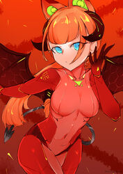  absurdres andou_inari andou_inari_official android animal_ears blue_eyes bodysuit breasts brown_wings choumi_wuti_(xueye_fanmang_zhong) closed_mouth commentary covered_collarbone covered_navel cowboy_shot curled_horns demon_girl demon_horns demon_tail demon_wings english_commentary fake_animal_ears female hand_up highres horns long_hair looking_at_viewer medium_breasts nijisanji orange_background orange_hair red_bodysuit solo tail twitter_username virtual_youtuber virtuareal wings 