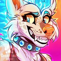  1:1 2manystripes anthro black_collar blue_eyebrows blue_eyes blue_gem blue_hair brown_body brown_fur chu_chubstarr collar eyebrows fangs fire fire_dog flaming_hair fur gem hair headshot_portrait icon low_res magenta_background male orange_background orange_nose portrait pseudo_hair simple_background smile solo teeth white_body white_fur 