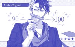  1boy arrow_(symbol) blue_theme closed_eyes facing_viewer fate/grand_order fate_(series) fingernails gameplay_mechanics glasses highres holding holy_grail_(fate) male_focus mizuki_(mz) monochrome multicolored_hair purple_theme scarf shirt sigurd_(fate) sigurd_(memories_with_my_lover)_(fate) smile solo star_(symbol) two-tone_hair upper_body 