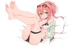  barefoot bed_sheet bikini blush eyebrows eyewear_on_head feet female girls&#039;_frontline greek_toe green_eyes hair_between_eyes highres kahlua_(artist) legs legs_up long_hair looking_at_viewer lying md5_mismatch official_alternate_costume on_back pillow ponytail r93_(girls&#039;_frontline) r93_(holiday_lucky_star)_(girls&#039;_frontline) resolution_mismatch soles solo sunglasses swimsuit thigh_strap toes 