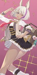  :p animal_ears bag blue_eyes breasts chloe_(granblue_fantasy) dark-skinned_female dark_skin erune female granblue_fantasy highres looking_at_viewer multicolored_hair murata_tefu one_eye_closed pink_background short_hair simple_background skirt smile solo tongue tongue_out v 