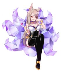  :q ahri_(league_of_legends) ahri_(league_of_legends)_(cosplay) animal_ears bare_shoulders black_thighhighs blonde_hair bracelet breasts choker cleavage cosplay earrings facial_mark female finger_gun fox_ears fox_tail hair_between_eyes heart heart_choker heart_earrings high_heels highres idol jewelry k/da_(league_of_legends) k/da_ahri konbu_(hida123) large_breasts league_of_legends licking_lips long_hair looking_at_viewer makeup multiple_tails simple_background sitting smile smirk smug solo tail thighhighs tongue tongue_out whisker_markings yellow_eyes 