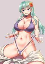  akizuki_akina bikini bikini_bottom_lift breasts clothes_lift collarbone female flower green_eyes green_hair grey_background hair_between_eyes hair_flower hair_ornament highres kantai_collection large_breasts long_hair navel open_mouth partially_visible_vulva purple_bikini red_flower sarong simple_background smile solo suzuya_(kancolle) swimsuit wedgie white_sarong 