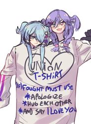  2girls annoyed blue_eyes blue_hair elira_pendora english_text hair_ornament hairclip heart jess_(p2eocene) multiple_girls nijisanji nijisanji_en oerba_yun_fang print_shirt purple_eyes purple_hair selen_tatsuki shared_shirt shirt siblings sisters skin_fang smile sweater v-shaped_eyebrows virtual_youtuber white_sweater 