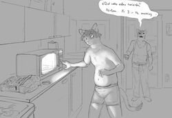  2021 anthro appliance belly bottomwear boxer_briefs cettus clothed clothing dark dialogue domestic_cat duo felid feline felis inside kitchen kitchen_appliance male mammal microwave_oven monochrome natan_osorio_suarez night pants pressing_button shirt sibling_(lore) slightly_chubby tank_top topless topwear underwear 