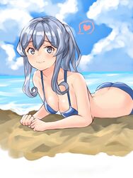  alternate_costume ass bare_shoulders beach bikini blue_bikini blue_hair blush breasts cleavage commentary_request female gotland_(kancolle) heart highres kantai_collection long_hair lying medium_breasts mole mole_under_eye on_stomach smile solo soujou_motona spoken_heart swimsuit 