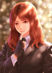  brown_eyes brown_hair cissnei closed_mouth crisis_core_final_fantasy_vii female final_fantasy final_fantasy_vii fingerless_gloves formal gloves itoguchi_(manma_melon) long_hair looking_at_viewer necktie smile solo suit 