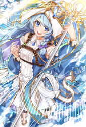  aiguillette bare_shoulders blue_eyes blue_hair bow braid detached_sleeves dress duel_monster feet_out_of_frame female fingernails fuji_tarawi hairbow hat highres holding holding_staff long_sleeves open_mouth pointy_ears puffy_long_sleeves puffy_sleeves purple_bow signature single_braid smile solo staff twitter_username water_enchantress_of_the_temple yu-gi-oh! 