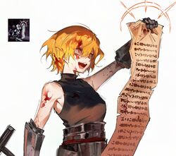  armor black_shirt blonde_hair blood blood_in_hair blood_on_clothes blood_on_face commentary crazy_smile crusader_(darkest_dungeon) darkest_dungeon don_quixote_(project_moon) female gauntlets highres holding holding_nail holding_scroll limbus_company looking_to_the_side nail official_alternate_costume open_mouth project_moon scroll shigure_(unininaritai) shirt short_hair simple_background sleeveless sleeveless_shirt smile solo turtleneck upper_body white_background yellow_eyes 