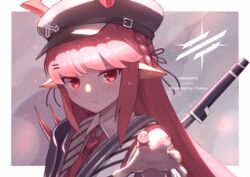  arknights artist_name character_name close-up copyright_name ctiahao female hat long_hair long_pointy_ears necktie open_hand pink_eyes pink_hair pointy_ears solo vigna_(arknights) 