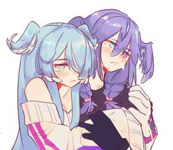  2girls blue_eyes blue_hair braid breasts cleavage collarbone crying crying_with_eyes_open elira_pendora elira_pendora_(1st_costume) gloves grey_gloves hair_over_one_eye head_wings heterochromia highres hug jess_(p2eocene) multiple_girls nijisanji nijisanji_en off_shoulder one_eye_covered purple_hair selen_tatsuki selen_tatsuki_(1st_costume) siblings single_glove sisters sleeves_past_fingers sleeves_past_wrists tears twin_braids virtual_youtuber white_background wings 