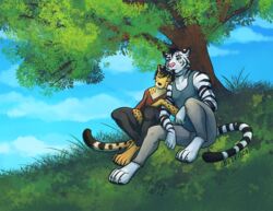  anthro beleoci cheetah clothed clothing duo edron_(mr-yiffy) eva_(mr-yiffy) felid feline female green_eyes male mammal pantherine plant scar sitting stripes tiger tree 