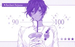  1boy arjuna_(fate) arrow_(symbol) blush character_name dark_skin fate/grand_order fate_(series) gameplay_mechanics gloves highres holding holy_grail_(fate) looking_at_viewer male_focus messy_hair mizuki_(mz) monochrome purple_theme shirt solo star_(symbol) upper_body 