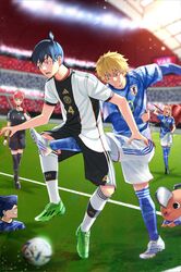  2022_fifa_world_cup 2boys absurdres adidas al_rihla ball beam_(chainsaw_man) black_hair black_shirt black_shorts blonde_hair blue_eyes blue_shirt blue_socks blurry blurry_background braid braided_ponytail chainsaw chainsaw_man clenched_teeth crotch_kick denji_(chainsaw_man) detached_sleeves earrings germany hair_over_one_eye hayakawa_aki highres holding holding_whistle horns japan jewelry kicking layered_sleeves long_hair long_sleeves looking_at_another looking_down makima_(chainsaw_man) male_focus meme multiple_boys pink_hair pochita_(chainsaw_man) power_(chainsaw_man) red_hair red_horns sharp_teeth shirt shirt_partially_tucked_in short_hair short_over_long_sleeves short_sleeves shorts sidelocks smile soccer soccer_ball soccer_field soccer_uniform socks sportswear stud_earrings sweat teeth thighhighs tokishima_sikuka topknot whistle white_shorts white_soccer_ball world_cup wristband yellow_eyes 