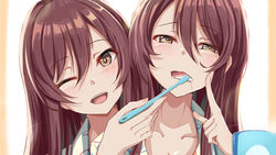  2girls blush breasts brown_hair brushing_another&#039;s_teeth cheek_poking collarbone commentary_request hair_between_eyes highres idolmaster idolmaster_shiny_colors incest long_hair looking_at_viewer medium_breasts multiple_girls one_eye_closed open_mouth osaki_amana osaki_tenka pajamas poking shimofuji_jun siblings sisters sleepy smile teeth toothbrush twincest twins yellow_eyes yuri 