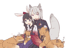  2girls animal_ears black_hair blue_eyes braid commentary_request fox grabbing headpat higuchi_kaede higuchi_kaede_(8th_costume) japanese_clothes kimono long_hair lykoi9821 military military_uniform mole mole_under_eye multiple_girls nijisanji open_mouth simple_background sleeping smile tail tsukino_mito tsukino_mito_(4th_costume) uniform virtual_youtuber white_background white_hair yuri 