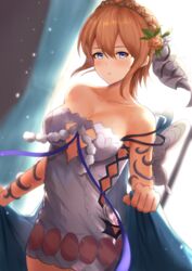  :o aqua_(popogori) blonde_hair blue_eyes blue_ribbon blush breasts cleavage commentary_request dress europa_(granblue_fantasy) female granblue_fantasy hair_between_eyes hair_ornament looking_at_viewer medium_breasts ribbon short_dress short_hair solo strapless strapless_dress tiara 