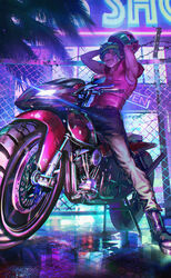  1boy absurdres aqua_hair arms_up bandages belt biker_(hotline_miami) boots commentary_request highres hood hoodie hotline_miami looking_at_viewer male_focus meipu_hm motor_vehicle motorcycle neon_lights night pants puddle reflection removing_helmet shirt sleeveless sleeveless_hoodie smile solo 