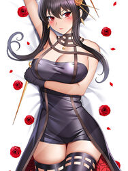  arm_under_breasts bed_sheet black_dress black_gloves black_hair black_thighhighs blush breasts closed_mouth dagger dakimakura_(medium) dress earrings expressionless female floral_print flower from_above gloves gold_earrings hair_ornament holding holding_dagger holding_knife holding_weapon jewelry knife large_breasts lips looking_at_viewer lying on_back petals red_eyes red_flower red_lips red_rose rose rose_petals rose_print second-party_source sidelocks skindentation solo spikes spy_x_family stiletto_(weapon) taut_clothes taut_dress thighhighs two-sided_dress two-sided_fabric weapon yor_briar yuj_(moemarket) zettai_ryouiki 