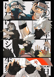  5boys anger_vein back black_eyes black_gloves black_hair black_shirt blonde_hair brown_hair female fingerless_gloves forehead_protector gloves goggles goggles_on_head green_vest grey_hair hair_between_eyes hand_on_another&#039;s_face hatake_kakashi heterochromia highres holding holding_headpiece holding_sword holding_weapon katana kunai mask mirin_(coene65) mouth_mask multiple_boys naruto naruto:_the_last naruto_(series) naruto_shippuuden ninja ninja_mask pink_hair red_eyes scar scar_across_eye sharingan shirt short_hair sword team_7_(naruto) uchiha_obito uchiha_sasuke v-shaped_eyebrows vest weapon white_background yamato_(naruto) 