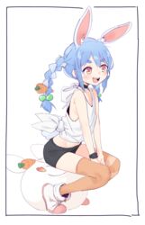  :d absurdres animal_ear_fluff animal_ears bike_shorts blue_hair braid camisole carrot_hair_ornament choker commentary cosplay eds english_commentary extra_ears female food-themed_hair_ornament hair_bobbles hair_ornament highres hinata_channel hololive long_hair nekomiya_hinata nekomiya_hinata_(cosplay) open_mouth orange_eyes rabbit_ears shirt sitting smile solo thick_eyebrows thighhighs tied_shirt twin_braids usada_pekora virtual_youtuber white_background 