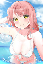  absurdres bad_id bad_pixiv_id bikini blunt_bangs breasts cleavage cowboy_shot female front-tie_bikini_top front-tie_top half_updo halterneck highres horizon love_live! love_live!_nijigasaki_high_school_idol_club medium_breasts medium_hair ocean outdoors pink_hair side-tie_bikini_bottom solo string_bikini swept_bangs swimsuit uehara_ayumu water yellow_eyes yuukinui 