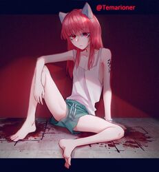  absurdres animal_ears arm_tattoo bare_shoulders barefoot blood cat_ears closed_mouth collarbone commission commissioner_name elfen_lied feet female flat_chest full_body highres knee_up legs looking_at_viewer lucy_(elfen_lied) popopoka red_background red_eyes red_shirt shirt short_shorts shorts solo spread_legs tank_top tattoo toes white_shirt 