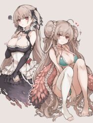  2girls absurdres ahoge azur_lane bare_shoulders between_breasts bikini black_dress blue_bikini blush braid breasts brown_hair choker cleavage commentary double_bun dress earrings formidable_(azur_lane) formidable_(the_lady_of_the_beach)_(azur_lane) frilled_dress frills hair_bun hair_ribbon heart highres jewelry kintsuba_(garapagosukkk) large_breasts long_hair long_sleeves looking_at_viewer multiple_girls multiple_views navel official_alternate_costume outdoors pouty_lips red_eyes ribbon sidelocks simple_background single_thighhigh sitting squiggle swimsuit thighhighs twintails very_long_hair 