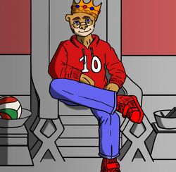  anthro bear bottomwear chair clothing crown denim denim_bottomwear denim_clothing eyewear footwear furniture glasses headgear hi_res hoodie jeans mammal pants pen shoes sneakers solo sport tablet terryeternity throne topwear ursine volleyball 