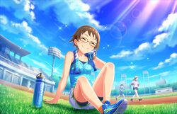  ^_^ artist_request bare_arms bare_shoulders bike_shorts blush bottle closed_eyes closed_mouth collarbone day female flat_chest glasses grass idolmaster idolmaster_cinderella_girls idolmaster_cinderella_girls_starlight_stage kitagawa_mahiro official_art orange-framed_eyewear outdoors playing_sports running shoes short_hair shorts sitting sky sleeveless smile sneakers socks solo_focus sportswear sunlight sweat towel towel_around_neck track_and_field water_bottle 