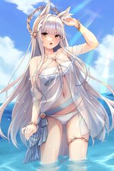  :o absurdres animal_ears arknights ass_visible_through_thighs bandeau bare_shoulders bikini blue_sky cloud commentary cowboy_shot criss-cross_halter day female halterneck highres horse_ears laurel_crown long_hair looking_at_viewer nameko_houshi navel official_alternate_costume open_mouth outdoors platinum_(arknights) platinum_(shimmering_dew)_(arknights) sky solo standing stomach swimsuit thighs very_long_hair wading water white_bikini white_hair yellow_eyes 