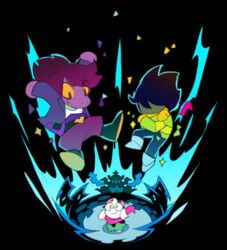  1boy 1other brown_hair buckle chibi cloak colored_skin commentary deltarune english_commentary falling female glasses goat_horns heart heart-shaped_buckle horns jacket kris_(deltarune) looking_up purple_hair purple_skin ralsei scarf shirt smile striped_clothes striped_shirt susie_(deltarune) temmie_chang transformation 