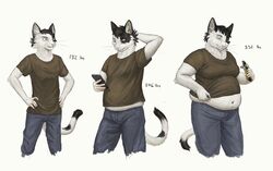  2019 anthro belly belly_peeking_out big_belly black_hair bottomwear candy cettus chocolate chocolate_bar clothing dessert domestic_cat electronics exposed_belly felid feline felis food fur hair hand_behind_head hands_on_hips hi_res holding_candy holding_chocolate holding_food holding_object looking_at_object looking_at_phone male mammal muffin_top narrowed_eyes natan_osorio_suarez navel overweight overweight_anthro overweight_male pants phone sequence shirt simple_background solo standing topwear undersized_clothing undersized_topwear weight_gain white_background white_body white_fur 