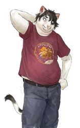  2021 anthro awkward belt black_hair bottomwear cettus clothing denim denim_bottomwear denim_clothing domestic_cat double_chin felid feline felis fur hair hand_behind_head hi_res jeans male mammal natan_osorio_suarez overweight overweight_anthro overweight_male pants shirt simple_background solo standing topwear white_background white_body white_fur 