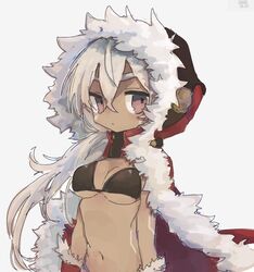  azur_lane bikini bikini_under_clothes black_bikini bodypaint breasts brown_eyes cape closed_mouth commentary crossed_bangs dark-skinned_female dark_skin expressionless female fur-trimmed_cape fur-trimmed_gloves fur_trim gloves hair_between_eyes hood hood_up hooded_cape long_hair looking_at_viewer medium_breasts midriff minneapolis_(azur_lane) minneapolis_(holy_night_ride)_(azur_lane) navel red_cape red_gloves simple_background solo swimsuit touka_13 upper_body very_long_hair white_background white_hair 