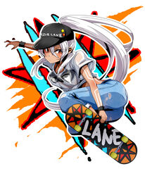  azur_lane baseball_cap bikini bikini_under_clothes black_bikini black_hat blue_pants blush bodypaint breasts closed_mouth commentary_request cropped_shirt dark-skinned_female dark_skin denim eyes_visible_through_hair facepaint female full_body hair_between_eyes hat hat_writing high_ponytail houshi jeans long_hair medium_breasts minneapolis_(azur_lane) minneapolis_(extreme_games)_(azur_lane) official_alternate_costume pants red_eyes shirt skateboard skateboarding solo swimsuit t-shirt very_long_hair white_hair white_shirt wristband 