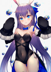  animal_ears bangs banned_artist bare_shoulders black_leotard blue_bow blue_eyes blue_neckwear blue_ribbon blush bow breasts bunny_ears bunnysuit closed_mouth coattails covered_navel detached_collar detached_sleeves fate/grand_order fate_(series) female hair_between_eyes kyoeiki leotard long_hair long_sleeves looking_at_viewer meltryllis poker_chip purple_hair ribbon simple_background sleeves_past_fingers sleeves_past_wrists small_breasts solo thighs very_long_hair white_background 