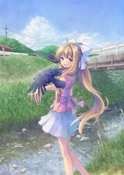  air_(visual_novel) animal_on_arm bird bird_on_arm blonde_hair blue_eyes blue_sky bridge casual cloud commentary_request crow day feet_out_of_frame female grass highres hikari_(0607_hikari) hill kamio_misuzu long_hair outdoors pink_skirt pleated_skirt ponytail power_lines protected_link river shirt skirt sky sleeveless sleeveless_shirt sora_(air) standing very_long_hair water white_skirt 