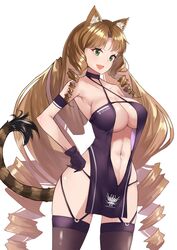  :d animal_ear_fluff animal_ears arknights armband azur_lane bad_id bad_twitter_id bare_arms bare_shoulders black_choker black_gloves black_one-piece_swimsuit black_thighhighs breasts brown_hair choker commentary_request cosplay cowboy_shot criss-cross_halter drill_hair drill_sidelocks female gloves great_lungmen_logo green_eyes halterneck hand_on_own_hip large_breasts long_hair looking_at_viewer navel no_headwear official_alternate_costume one-piece_swimsuit open_mouth shoukaku_(azur_lane) shoukaku_(azur_lane)_(cosplay) shoukaku_(sororal_wings)_(azur_lane) sidelocks simple_background smile solo standing stomach swimsuit swire_(arknights) tail thighhighs thighs tiger_ears tiger_tail very_long_hair white_background yuzuruka_(bougainvillea) 