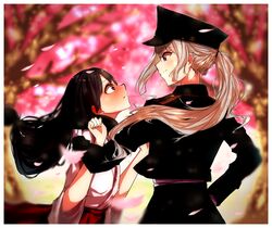  2girls bad_id bad_pixiv_id black_hair blush cherry_blossoms gloves hand_on_another&#039;s_shoulder hat highres higuchi_kaede higuchi_kaede_(8th_costume) japanese_clothes long_hair long_sleeves looking_at_another miko military military_uniform multiple_girls nijisanji ponytail purple_eyes smile tsukino_mito tsukino_mito_(8th_costume) uniform virtual_youtuber white_hair yakumojc yuri 