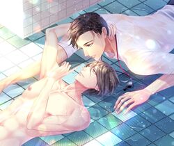  2boys araragi_soushi arm_up black_hair brown_eyes eye_contact hand_around_neck hand_on_another&#039;s_neck hand_up index_finger_raised indoors looking_at_another lying male_focus multiple_boys nipples official_art on_back original see-through shirt tile_floor tile_wall tiles wet whistle white_shirt yaoi 