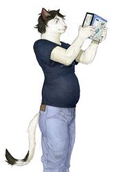  2022 anthro belly black_hair bottomwear box cettus clothing container denim denim_bottomwear denim_clothing domestic_cat felid feline felis fur hair hi_res holding_object jeans male mammal natan_osorio_suarez pants shirt simple_background slightly_chubby solo standing topwear white_background white_body white_fur 