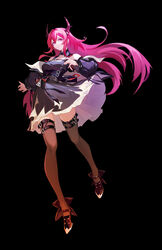  absurdres arknights bag bare_shoulders black_background black_coat black_dress black_footwear breasts brown_thighhighs coat detached_collar dress female full_body handbag high_heels highres horns jiujiu_zao_feiji long_hair long_sleeves looking_at_viewer medium_breasts off_shoulder parted_lips red_eyes red_hair sidelocks simple_background sleeveless sleeveless_dress solo surtr_(arknights) thighhighs 