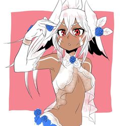  azur_lane bare_shoulders blue_flower blue_rose blush bodypaint breasts commentary_request crossed_bangs dark-skinned_female dark_skin dress elbow_gloves facepaint female flower gloves hair_between_eyes hair_flower hair_ornament high_ponytail long_hair looking_at_viewer medium_breasts minneapolis_(azur_lane) minneapolis_(trapper_white)_(azur_lane) navel official_alternate_costume open_mouth red_eyes rose satou_(ellellsuper) solo stomach tattoo tribal_tattoo underboob upper_body very_long_hair wedding_dress white_gloves white_hair 