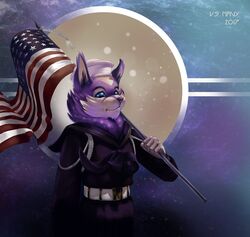  2017 american_flag anthro belt blue_eyes canid canine canton clothed clothing detailed_background english_text eyebrows flag flag_(object) flag_on_shoulder fox fully_clothed fur holding_flag holding_object inner_ear_fluff male mammal navy navy_hat navy_uniform object_on_shoulder purple_body purple_fur purple_nose solo text thepimpartist traditional_media_(artwork) tuft u.s._navy united_states_of_america 